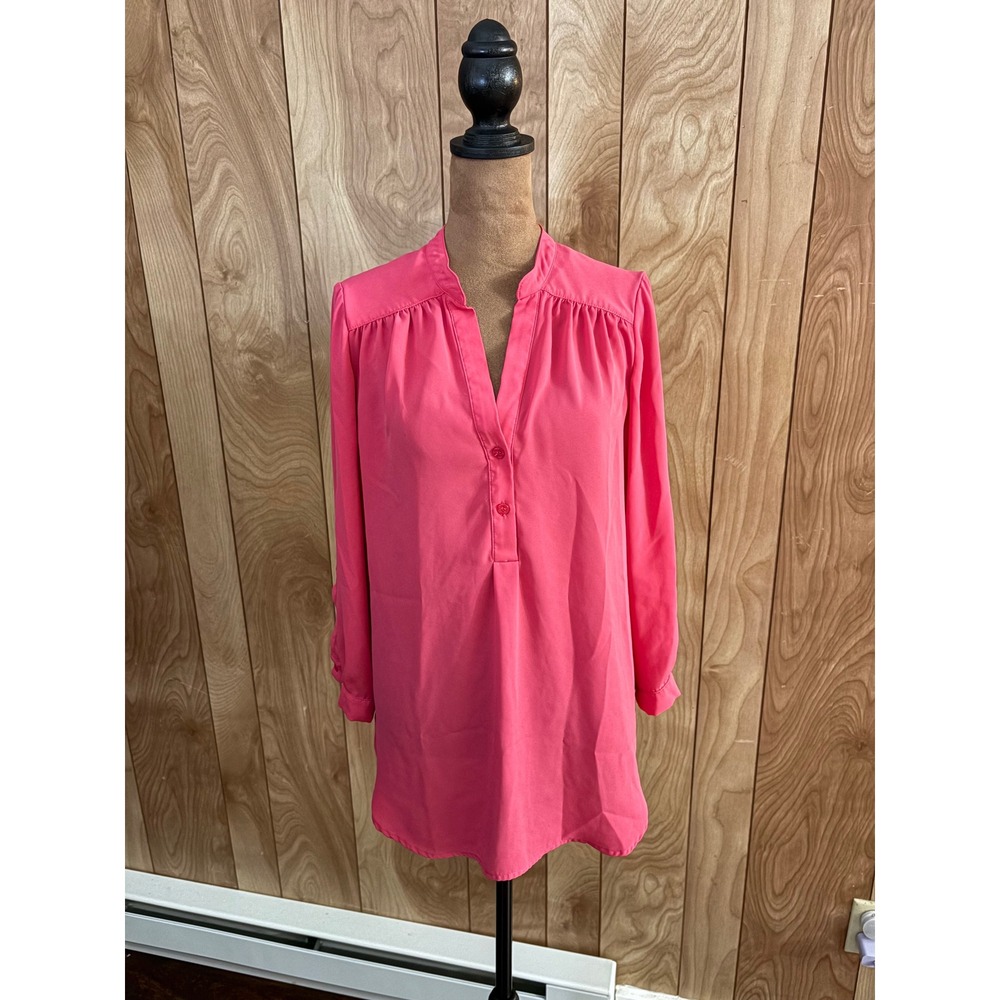 Halogen Womens Pink Roll Tab Sleeve Split Neck Tunic Blouse XS